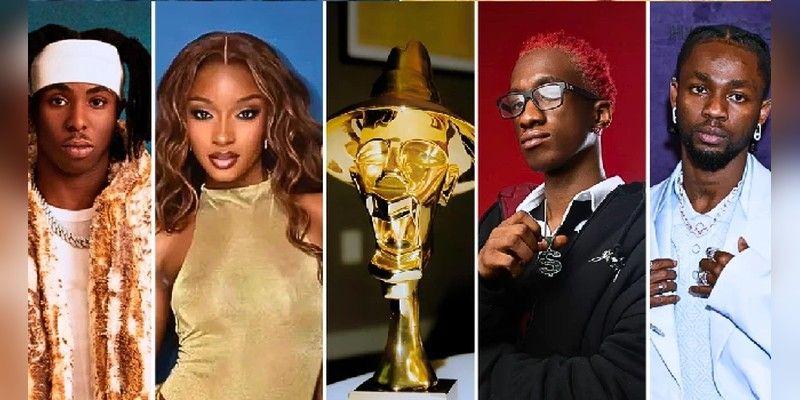 A collage showing Fola, Ayra Starr, the Headies trophy, Mavo and Omah Lay.