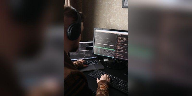 Software developer working at a desk with code on monitors, used as illustrative digital-infrastructure imagery.