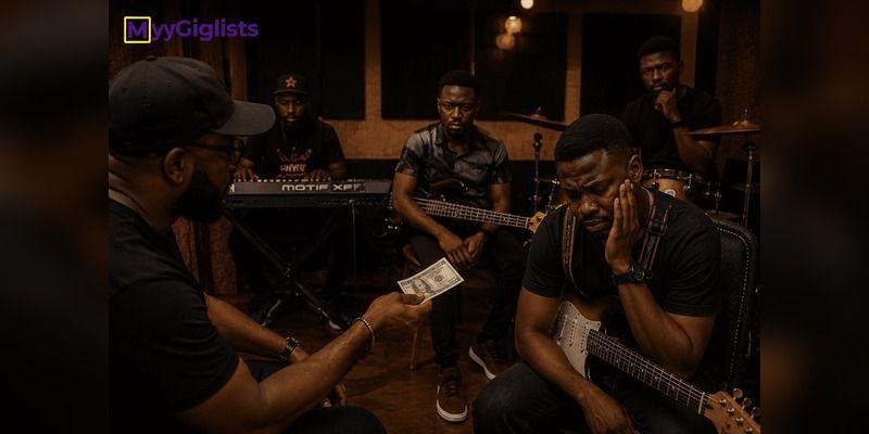 Nigerian musicians and a producer working during a recording-studio session.
