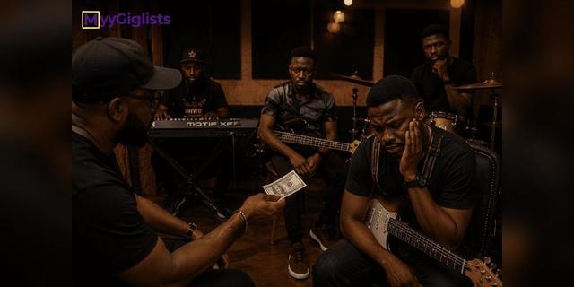 Nigerian musicians and a producer working during a recording-studio session.