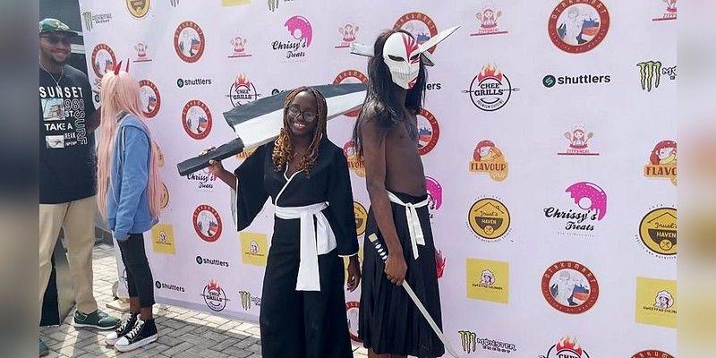 Cosplayers pose together at a Nigerian anime festival in Lagos.