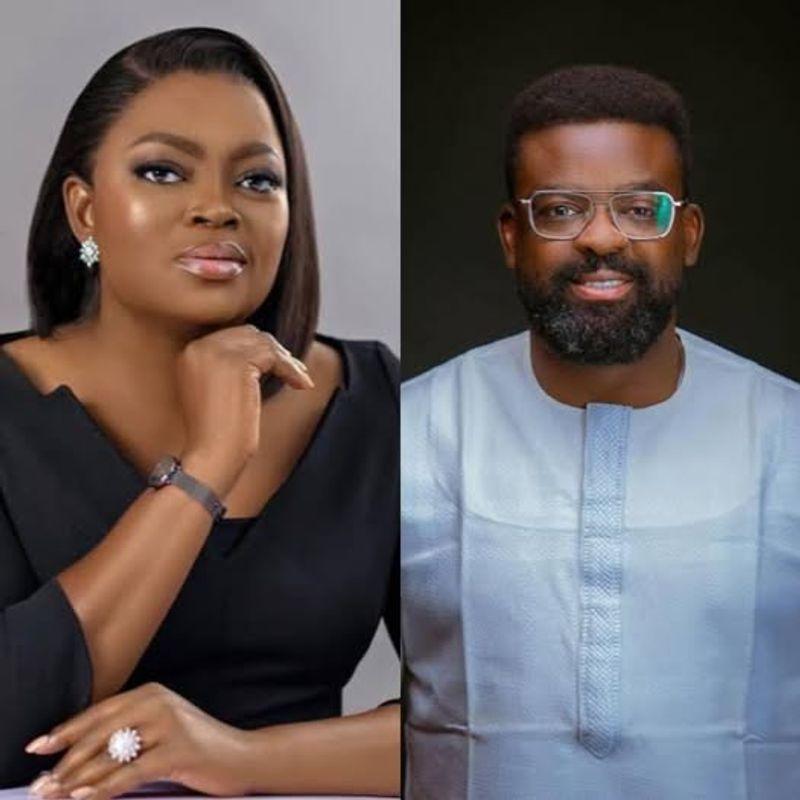 Kunle Afolayan speaking during an interview as Funke Akindele appears at a film event.