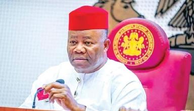 Senate President Godswill Akpabio addressing Nigerian workers during Workers’ Day celebrations in 2026.