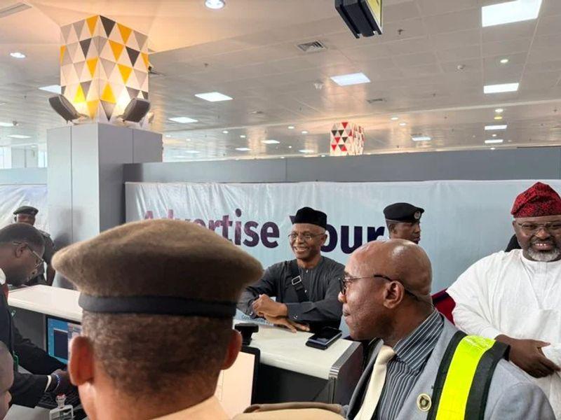 Former Kaduna State Governor Nasir El-Rufai at Nnamdi Azikiwe International Airport, Abuja, following claims of an attempted arrest.