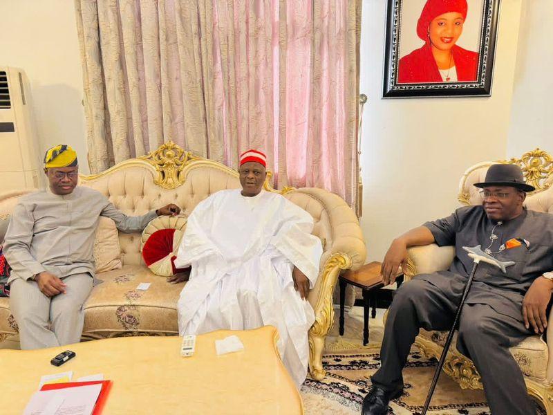 Nigerian political leaders including Seyi Makinde, Bala Mohammed, Rabiu Kwankwaso, and Peter Obi meeting in Kano during Eid-el-Fitr celebrations.