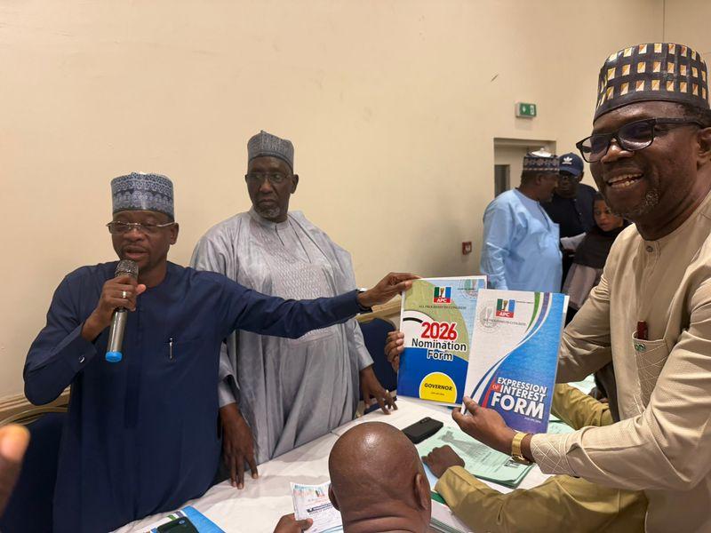 Senator Solomon Adeola receiving APC governorship nomination forms through a representative at the party headquarters in Abuja.