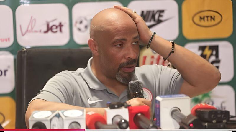 Super Eagles' Coach Eric Chelle during post-match interview following 1-1 draw with Zimbabwe in World Cup qualifier.
