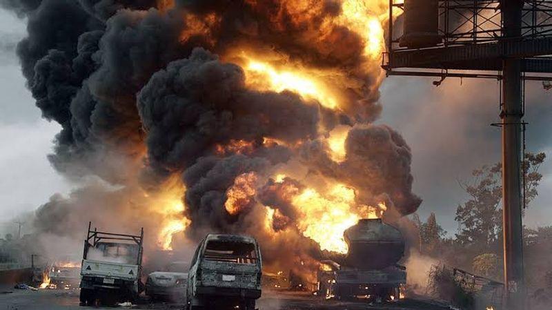 Scene of fuel tanker explosion, highlighting the deadly impact of fuel scooping.