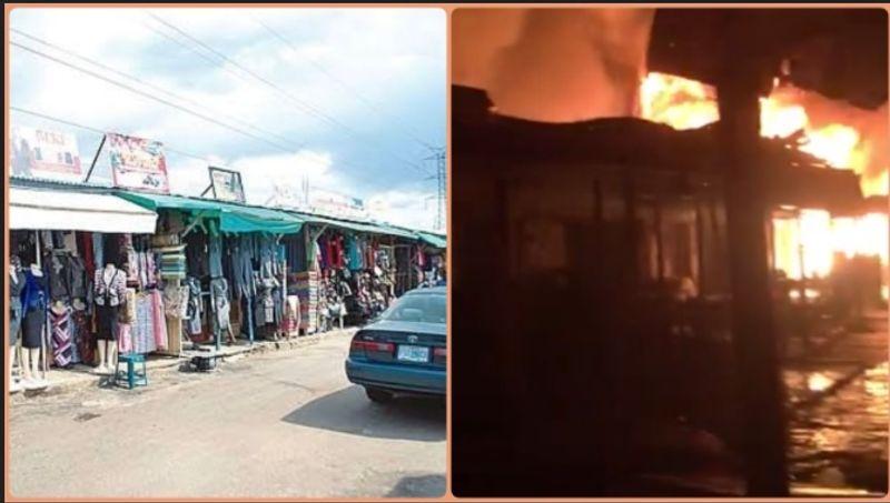Flames engulfed shops at Aleshinloye Market in Ibadan, Oyo State. 
