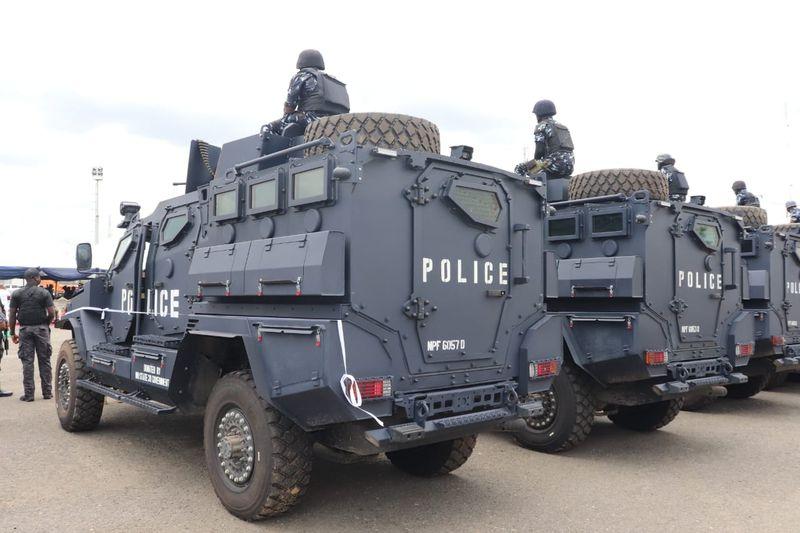 Nigerian police personnel in uniform standing in formation during a deployment for the Ondo governorship election security.  