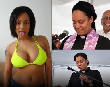 Former adult film actress Jazmine Cashmere preaching from a church pulpit after embracing Christianity and entering pastoral ministry.