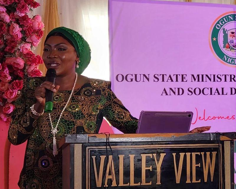 Ogun State Commissioner for Women Affairs, Adijat Adeleye, speaking at the ministry’s 2026 policy unveiling in Abeokuta.