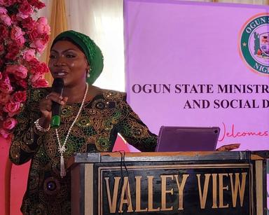 Ogun State Commissioner for Women Affairs, Adijat Adeleye, speaking at the ministry’s 2026 policy unveiling in Abeokuta.