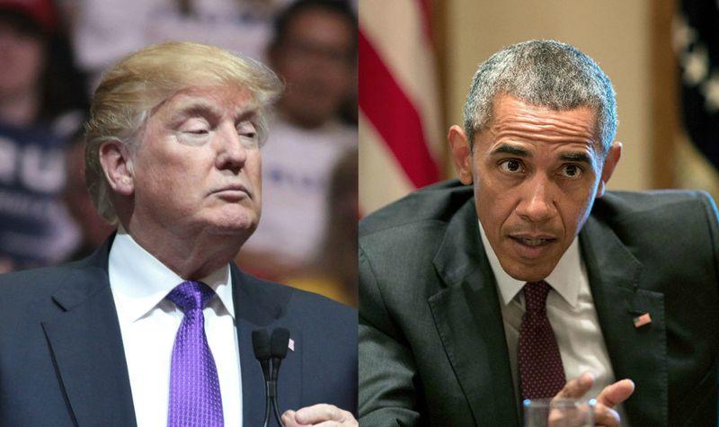 Barack Obama speaking in a podcast interview about extraterrestrial life while Donald Trump reacts to his remarks.