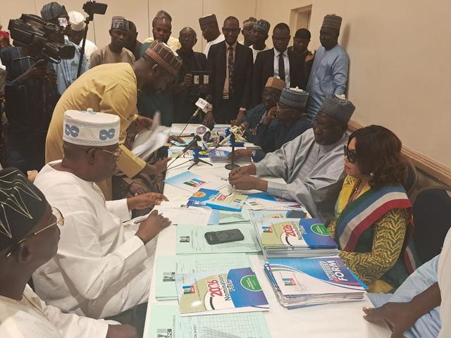 James Faleke receiving APC nomination and Expression of Interest forms from party officials in Abuja ahead of the 2027 presidential election.