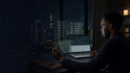 Nigerian crypto trader reviewing a transaction ledger and market chart in Lagos at night.