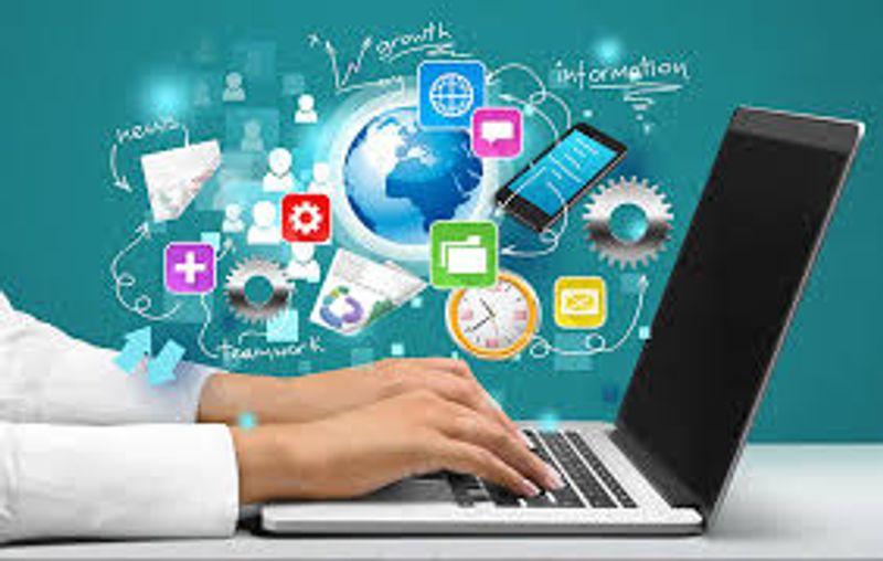 University student using a laptop to learn digital skills, with icons representing coding, cybersecurity, data analysis, AI, cloud computing and online collaboration tools.
