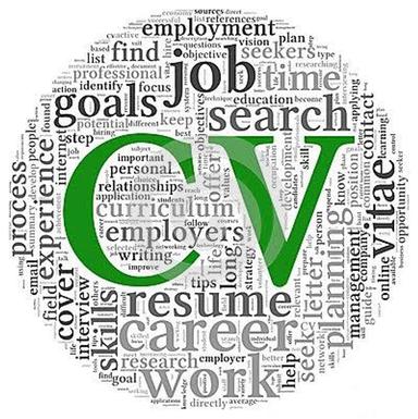 Professional CV displayed on a laptop alongside a notebook and pen on a tidy desk.
