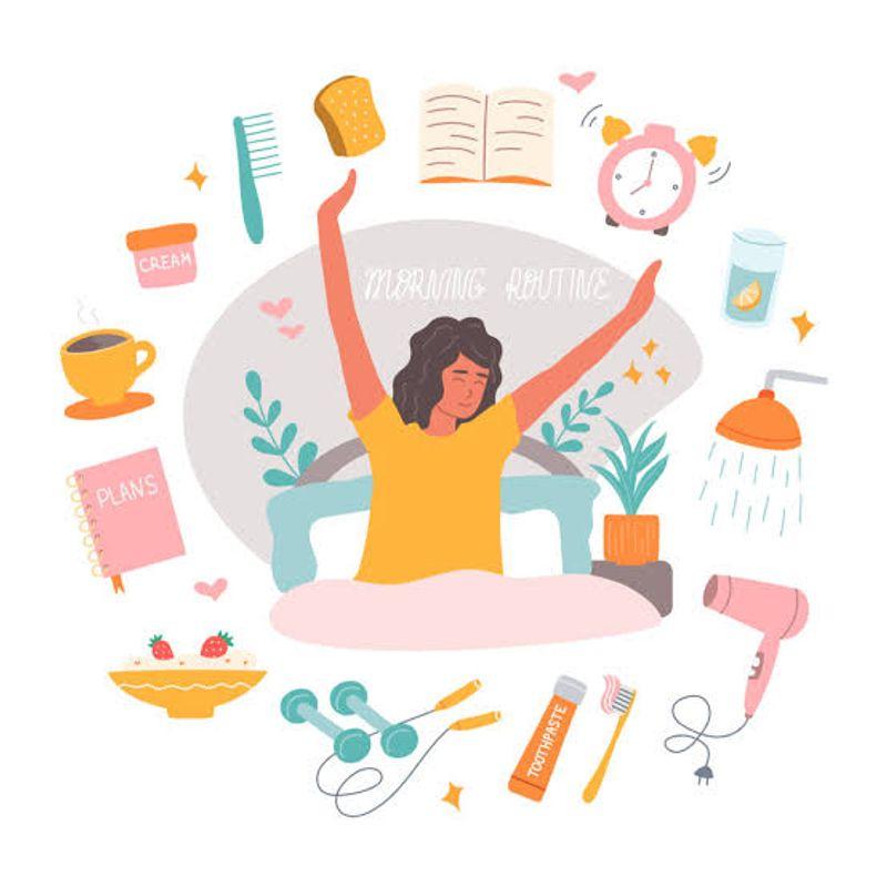 A person planning their day with a notebook, healthy breakfast and a glass of water on a tidy desk in the morning.