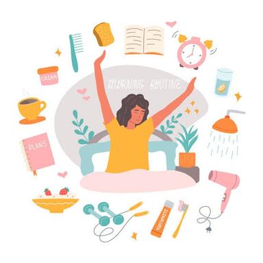 A person planning their day with a notebook, healthy breakfast and a glass of water on a tidy desk in the morning.