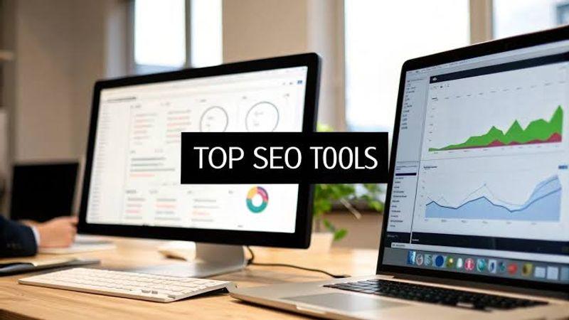  Digital marketer analysing website SEO performance using keyword research, analytics and optimisation software on a laptop.
