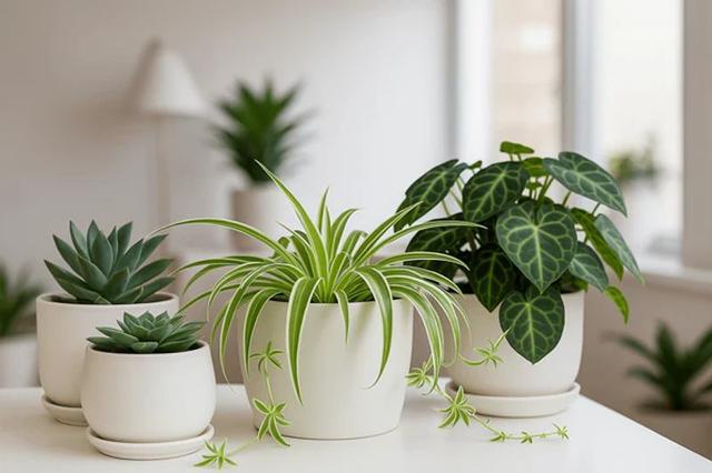 Collection of low-maintenance indoor houseplants displayed in a bright Lagos apartment.
