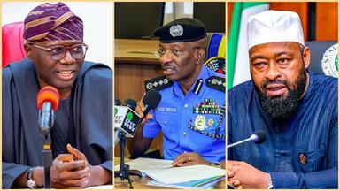 Governor Sanwo-Olu, Governor Bago, and IGP Egbetokun at a press conference, expressing condolences for the Jigawa tanker explosion victims.