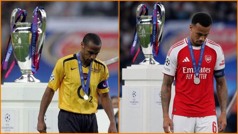 Arsenal players acknowledge supporters after a UEFA Champions League match, highlighting the club's two appearances in the competition's final.