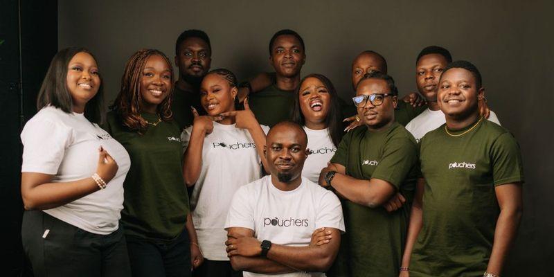Members of the Pouchers team in branded shirts after the company’s pre-seed funding announcement.