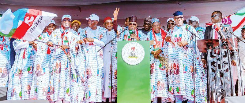 APC leaders, including Vice President Shettima and several southwestern governors, gather at the party’s rally in Akure as Ondo prepares for guber election.
