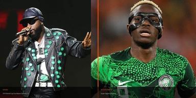 Split image of Davido performing in Los Angeles and Victor Osimhen in the Nigeria national team kit