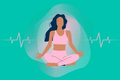 Person sitting comfortably with eyes closed while practising a mindful breathing exercise in a peaceful indoor setting.