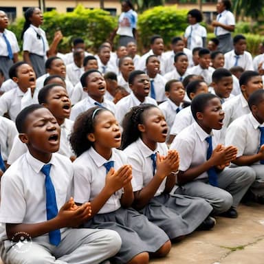 Blind Nigerian students singing the reintroduced national anthem caught the attention of many on social media. Credit: Meta AI