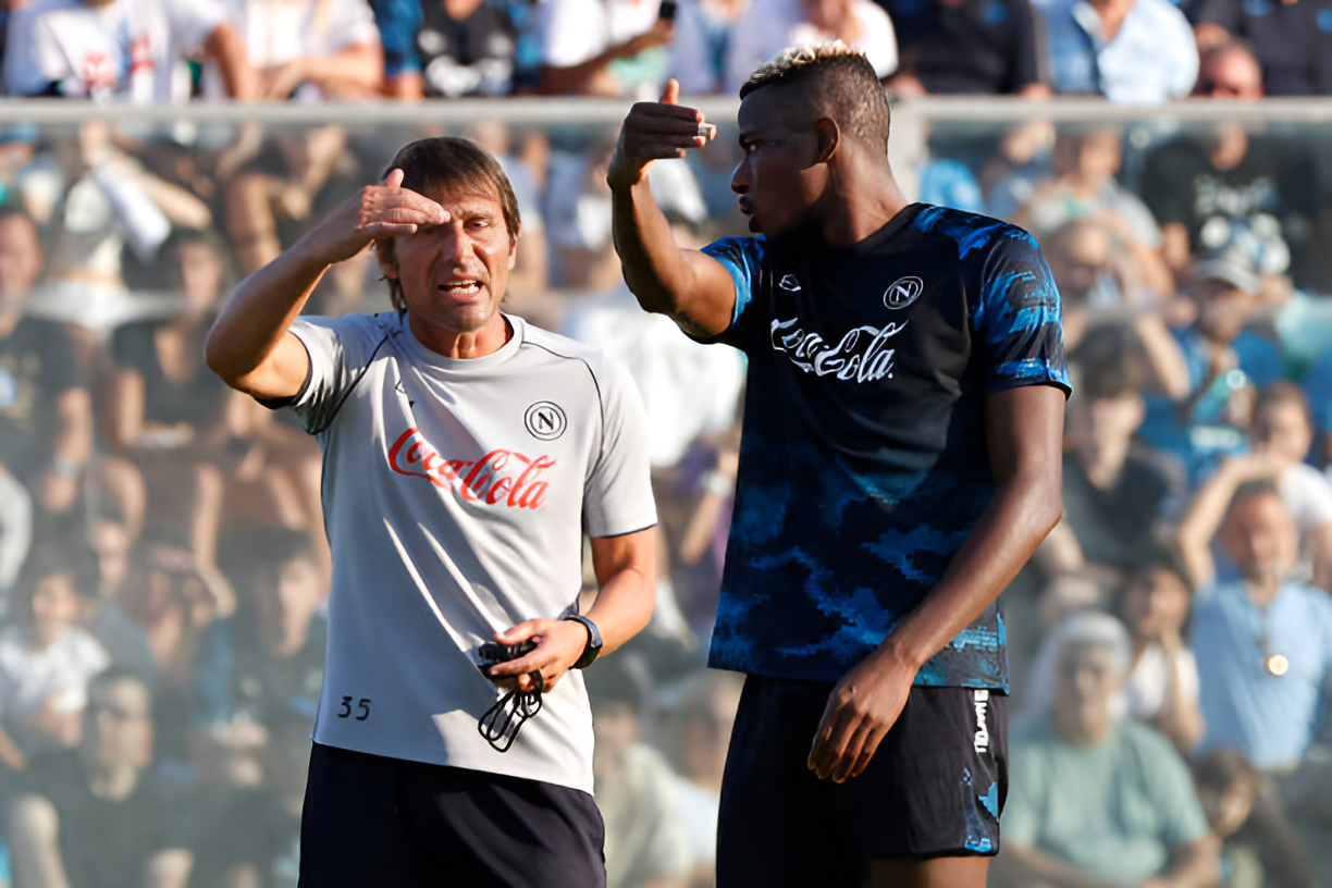 Osimhen and Conte strategizing on the sidelines, hinting at a potential Chelsea move