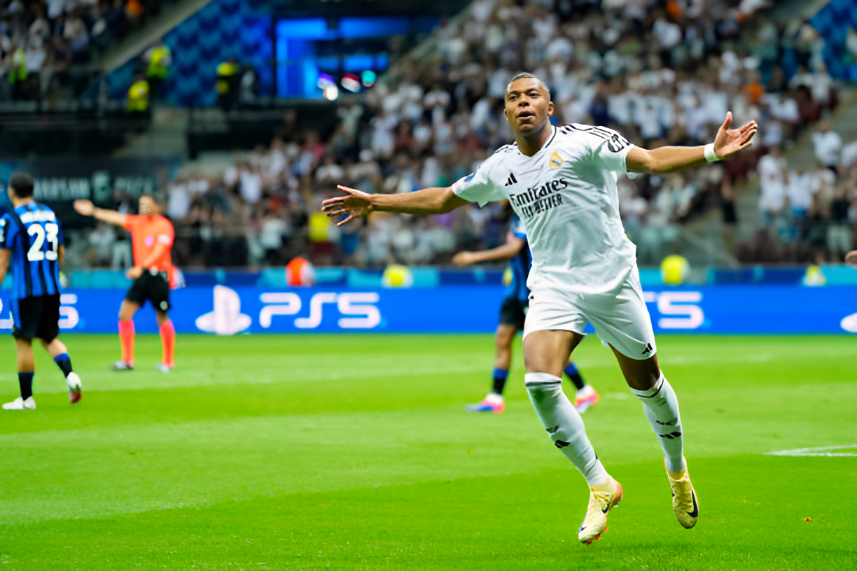 Kylian Mbappé celebrates after scoring a goal for Real Madrid in the UEFA Super Cup match against Atalanta