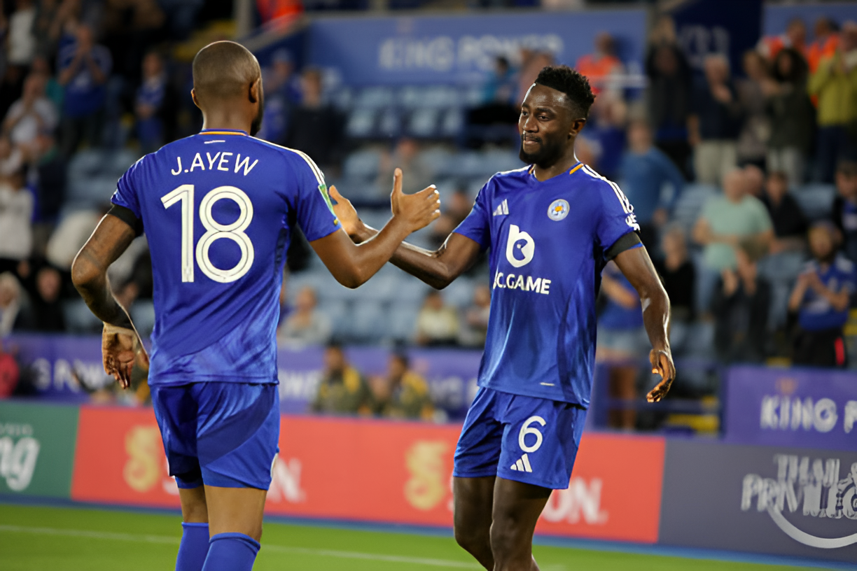 Leicester City's Wilfred Ndid and Jordan Ayew celebrates after scoring during a 4-0 win against Tranmere Rovers in the Carabao Cup.