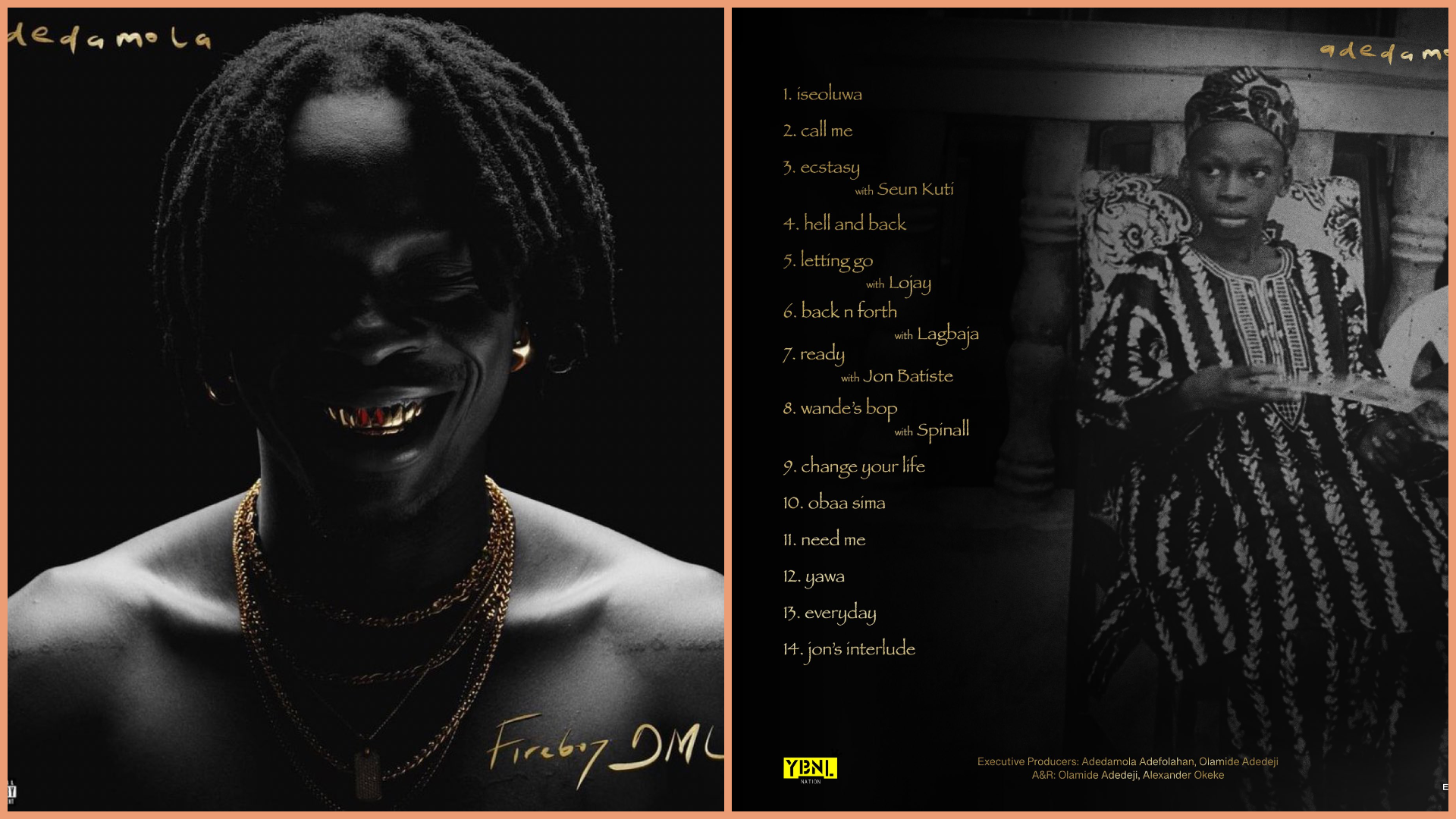 A compilation of the official tracklist of Fireboy DML’s Adedamola album and singer 
