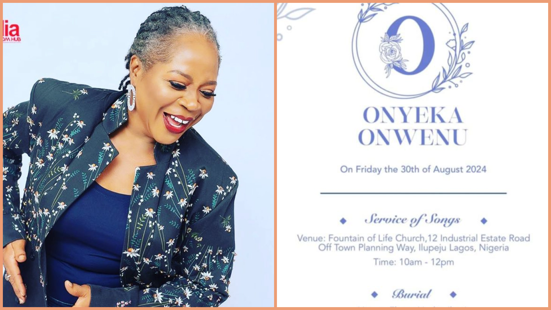 Burial arrangement details of Nigerian legendary singer Onyeka Onwenu 
