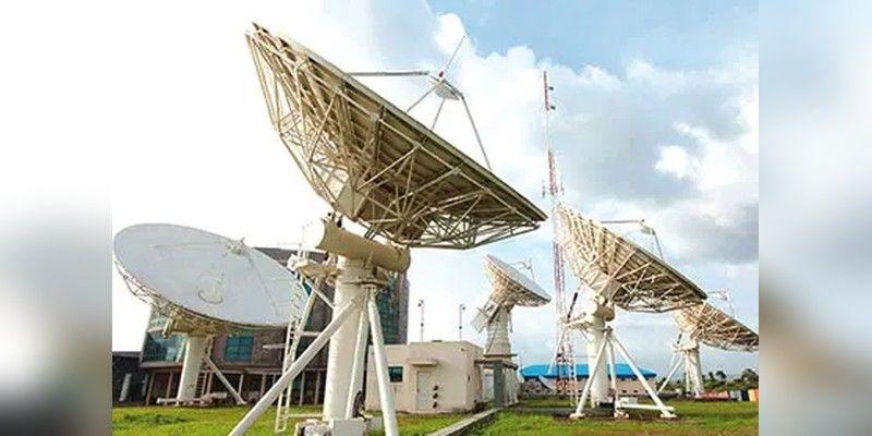 Satellite communication antennas at a NIGCOMSAT ground station in Nigeria.