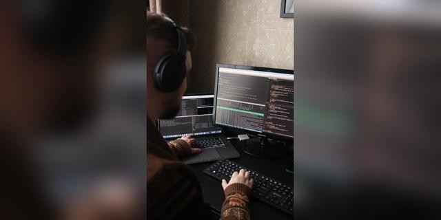 Software developer working at a desk with code on monitors, used as illustrative digital-infrastructure imagery.