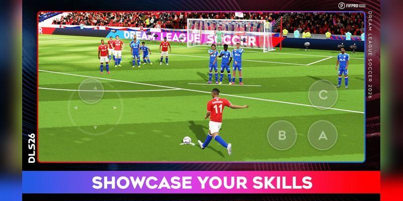 Dream League Soccer 2026 football match game screen on a mobile device.