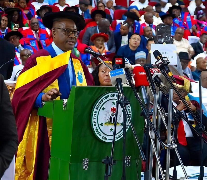 Nyesom Wike speaking at a formal event ahead of his scheduled University of Port Harcourt convocation lecture in Rivers State.