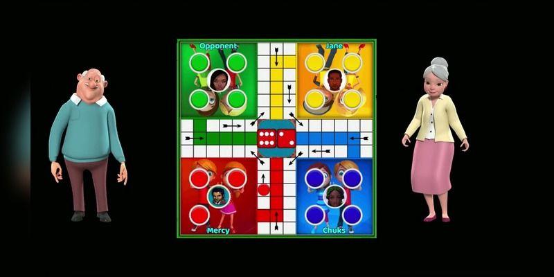 Naija Ludo board game screen with player avatars and coloured pieces.