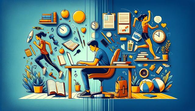 University student organising study materials and a weekly planner while making time for exercise, relaxation and social activities, illustrating a balanced academic lifestyle.