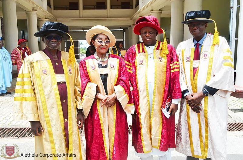 Vice-Chancellor Olukayode Akinyemi speaking at Aletheia University matriculation ceremony with newly admitted students in attendance.