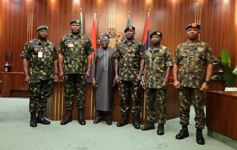 President Bola Tinubu in a closed-door meeting in Abuja with Nigeria’s Chief of Defence Staff Olufemi Oluyede and a French military official discussing security cooperation.