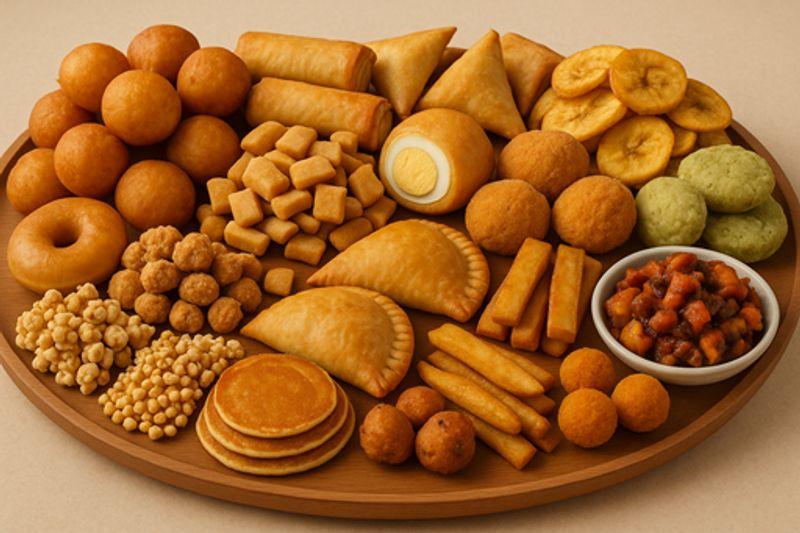 A selection of popular Nigerian road trip snacks, including Gala sausage rolls, plantain chips, groundnuts, chin chin and puff-puff, displayed for travellers.