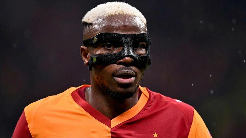 Victor Osimhen celebrating a goal for Galatasaray while teammates prepare for upcoming domestic and European matches.