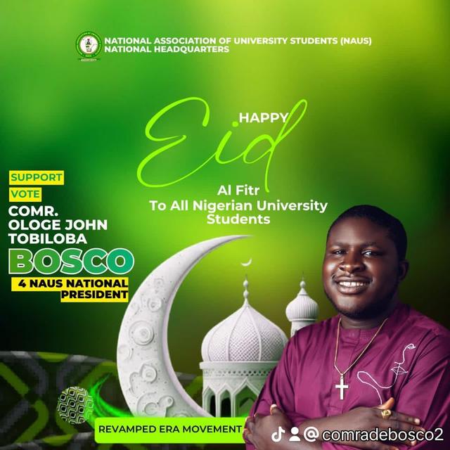 Bosco addressing Nigerian university students during Eid al-Fitr celebrations, promoting unity and leadership values.