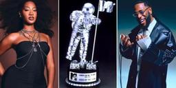 Tems and Burna Boy alongside an MTV Video Music Award statue.